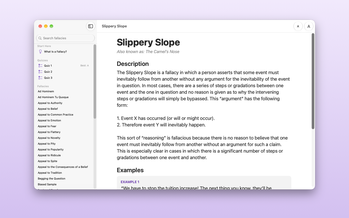 Fallacies Mac window: a sidebar listing quizzes and fallacies, and the Slippery Slope entry with its description and the start of its examples.