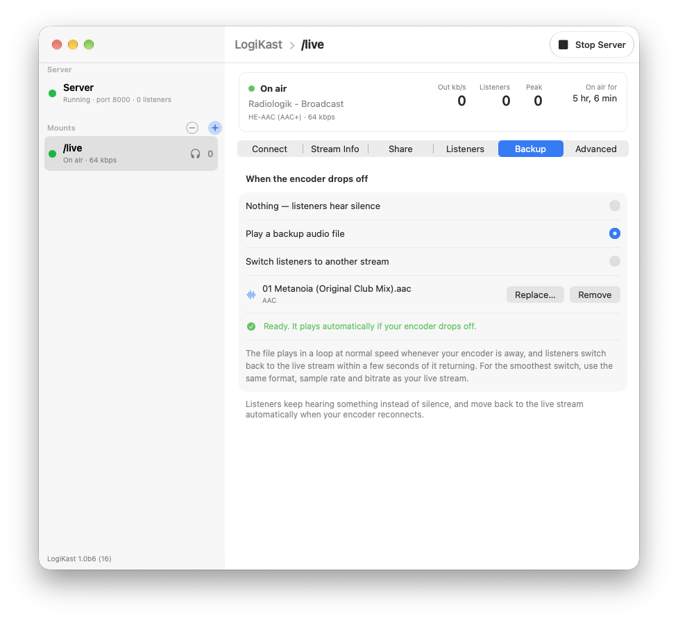 LogiKast backup audio options for when the encoder drops off