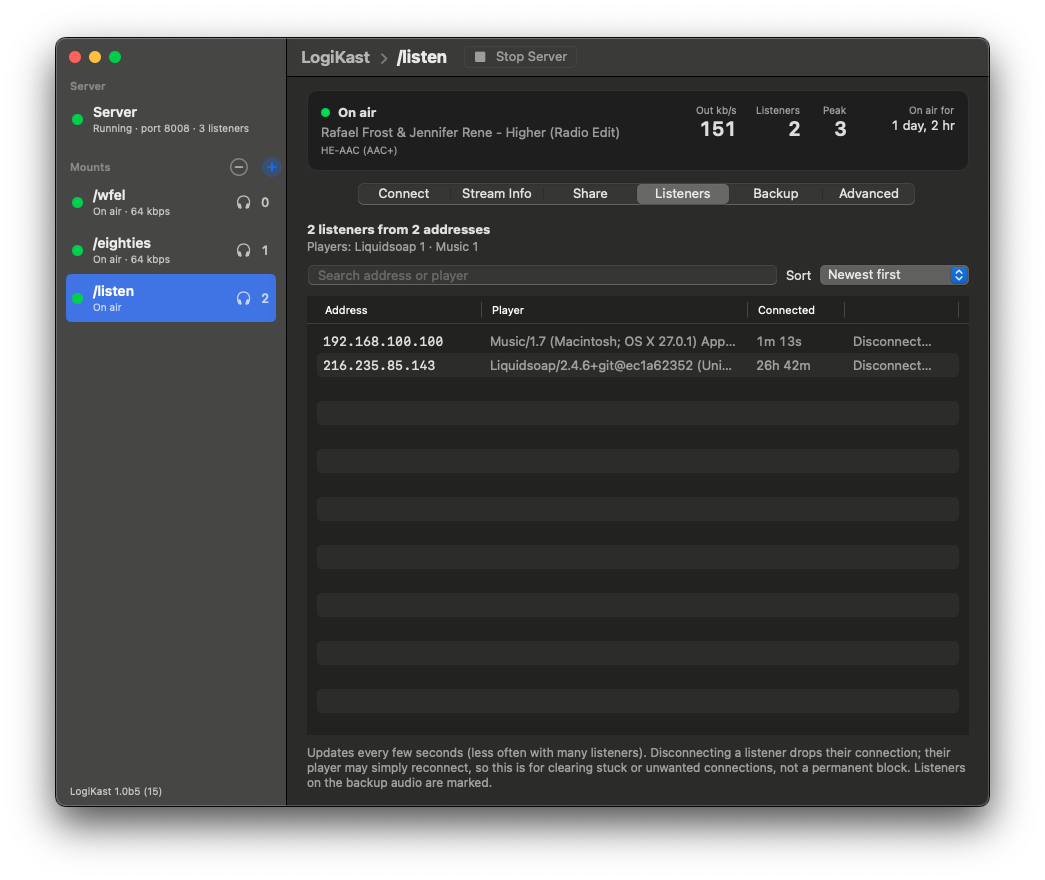 LogiKast listener list in dark mode