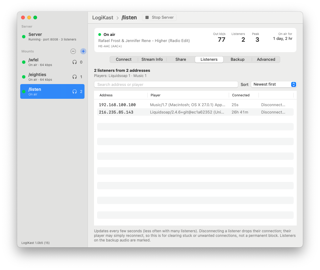 LogiKast listener list with search and a Disconnect button