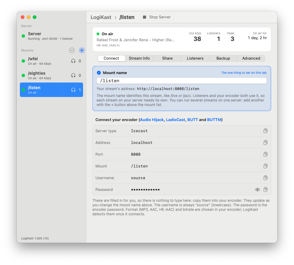LogiKast stream setup with copy-and-paste encoder connection details