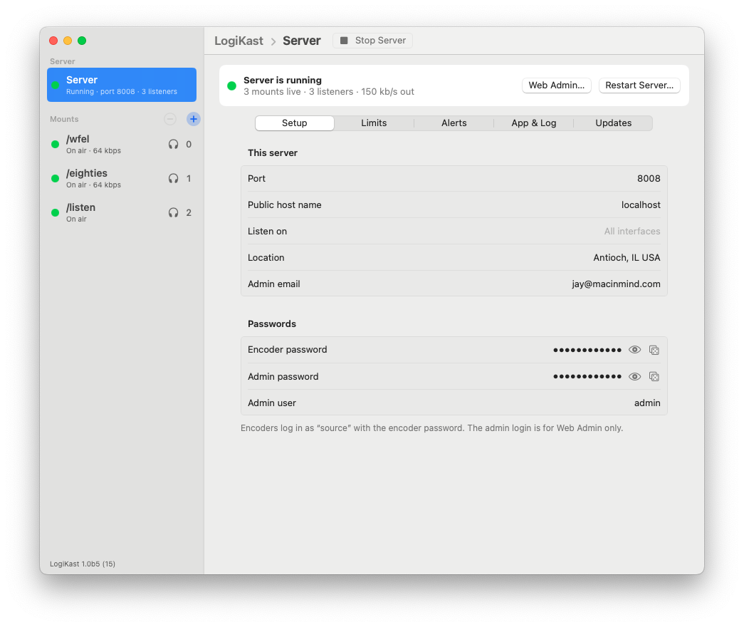 LogiKast server status, network and limits settings
