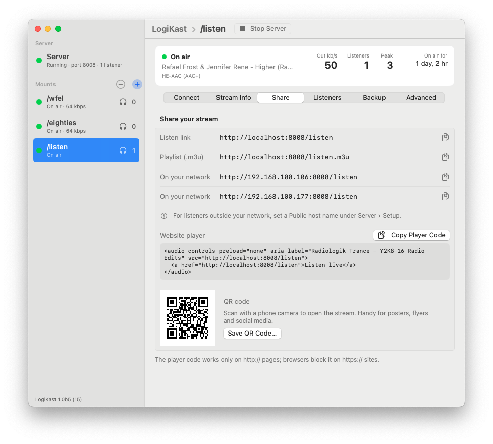 LogiKast share links, website player code and QR code