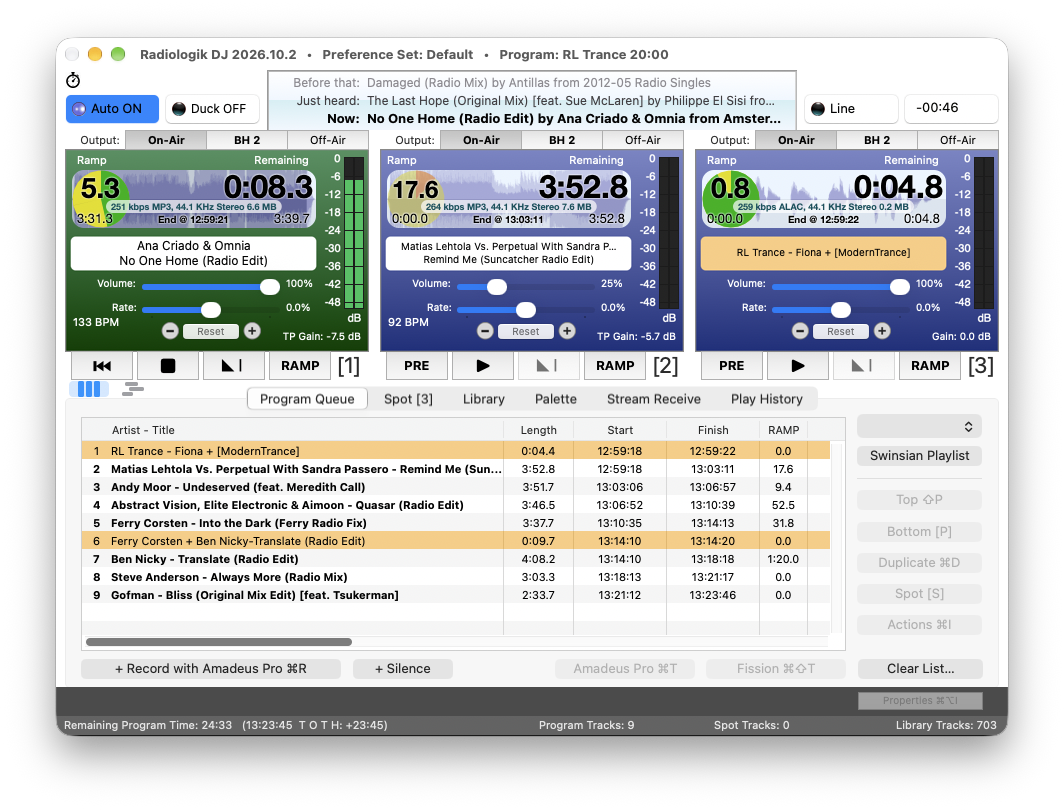 Radiologik DJ Deck View showing three players with time remaining and level meters