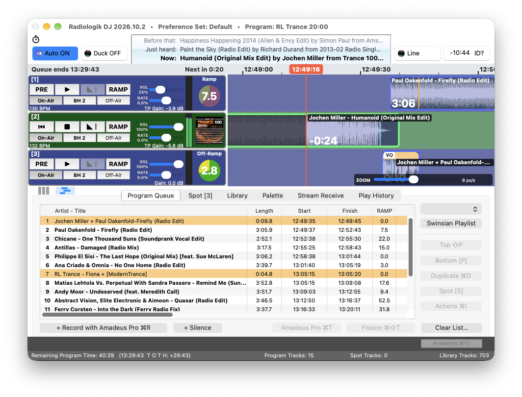 Radiologik DJ Timeline View showing track waveforms, overlaps and Ramp values