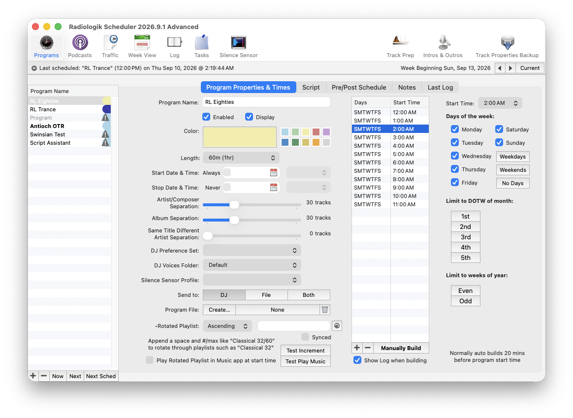 Radiologik Scheduler Program Settings
