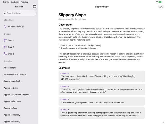 iPad in landscape with the fallacy list beside the Slippery Slope entry.