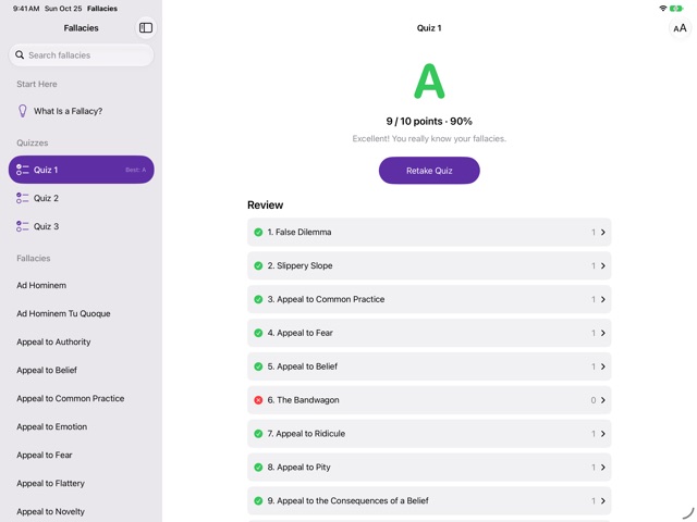 iPad in landscape showing a quiz result of A, with &ldquo;Best: A&rdquo; next to Quiz 1 in the sidebar.