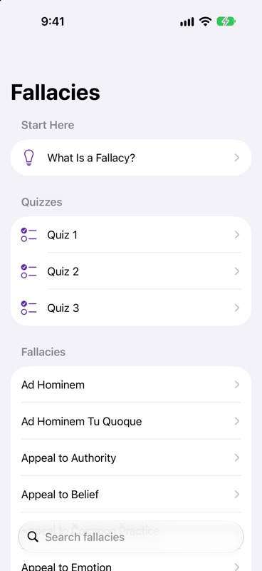iPhone showing the Fallacies list: Start Here, Quizzes 1 to 3, and the fallacies A to Z with a search field.