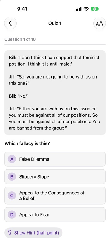iPhone showing a quiz question: a short dialog between Bill and Jill and four possible fallacies.
