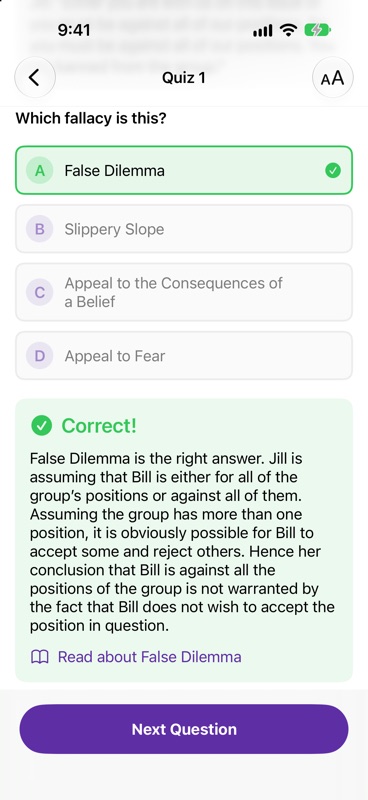 iPhone showing the correct answer marked in green with its explanation and a link to read about False Dilemma.
