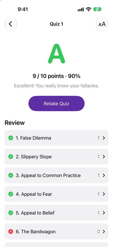 iPhone showing a quiz result of A, 9 / 10 points.