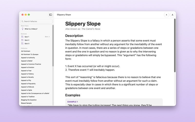 Fallacies Mac window: a sidebar listing quizzes and fallacies, and the Slippery Slope entry with its description and the start of its examples.