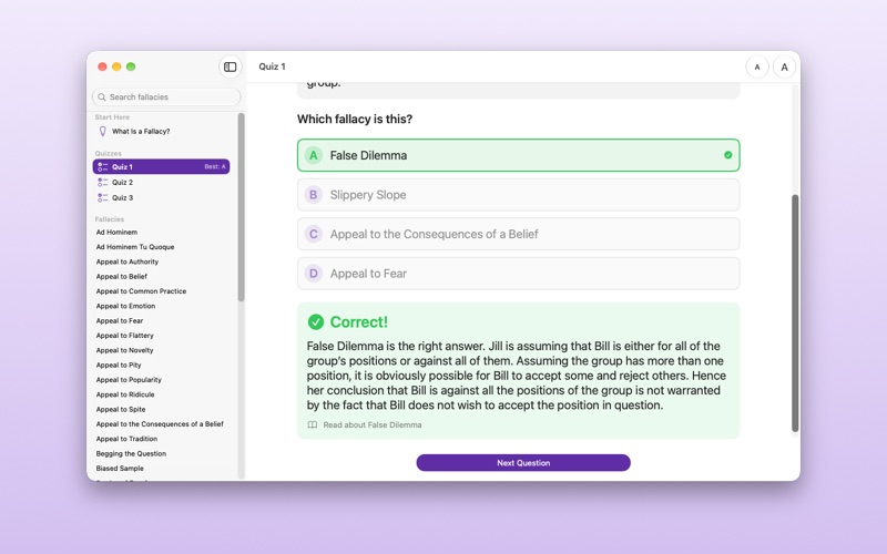 Fallacies Mac window during Quiz 1: "False Dilemma" is marked correct in green, with an explanation of why.