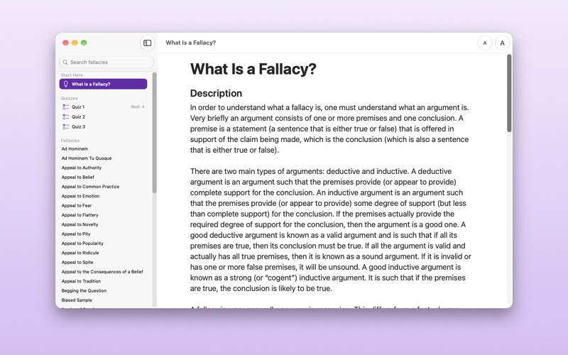 Fallacies Mac window showing the "What Is a Fallacy?" introduction.